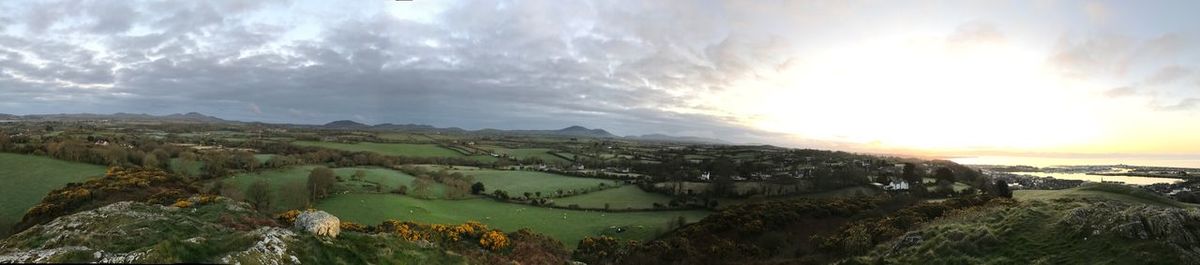 Panoramic view of agricultural field against sky