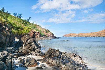 Scenic view of sea and mountains against sky