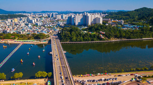 High angle view of city buildings