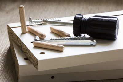 High angle view of piano keys on table
