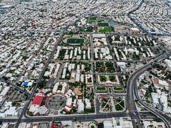 High angle view of city buildings