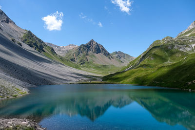 Scenic view of älpli lake and mountains against sky