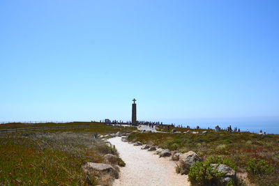 Scenic view of sea against clear blue sky