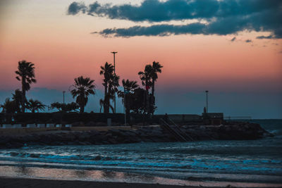 Palm trees by swimming pool against sky during sunset