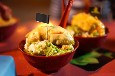 Close-up of food served on table