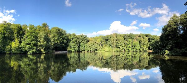 Scenic view of lake by trees against sky