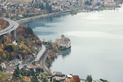 High angle view of river amidst buildings in city