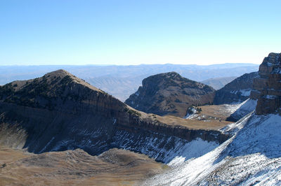 High angle view of mountains against clear sky