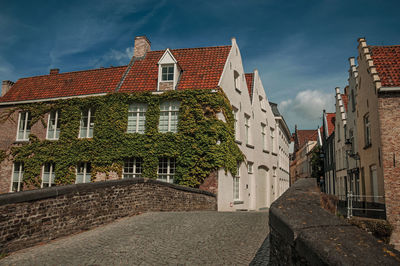 Bridge and brick buildings with creeper at bruges. a town full of canals in belgium.