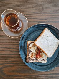 High angle view of breakfast served on table