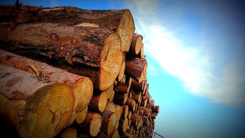 Stack of logs against sky