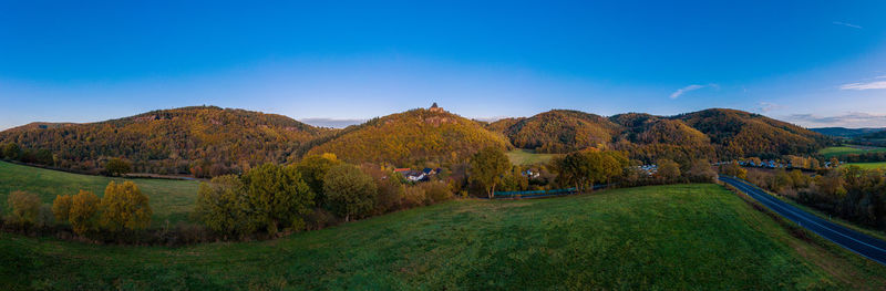 Panoramic view of nideggen castle in eifel, germany. drone photography.