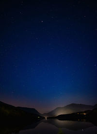 Scenic view of mountains against sky at night