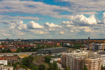 High angle view of buildings against sky