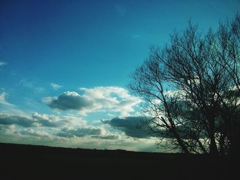 Silhouette trees on landscape against blue sky