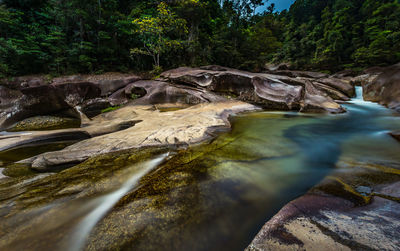 Scenic view of waterfall in forest against sky