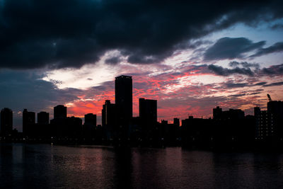 City skyline at sunset