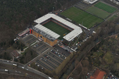 High angle view of buildings in city