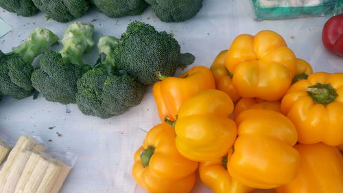 High angle view of various raw vegetables on table