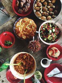 High angle view of food served on table
