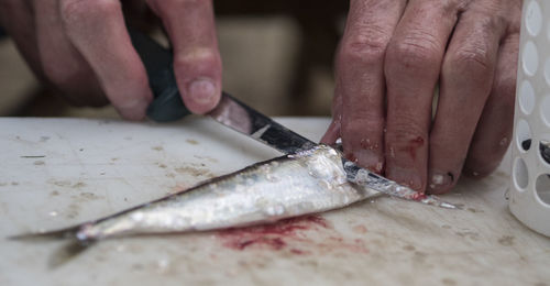 Midsection of person holding fish on cutting board