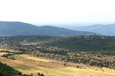 Scenic view of agricultural field against clear sky