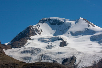 Scenic view of snowcapped mountains against clear blue sky