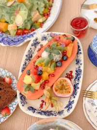 High angle view of meal served on table