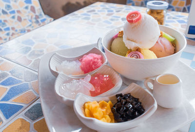 High angle view of breakfast on table