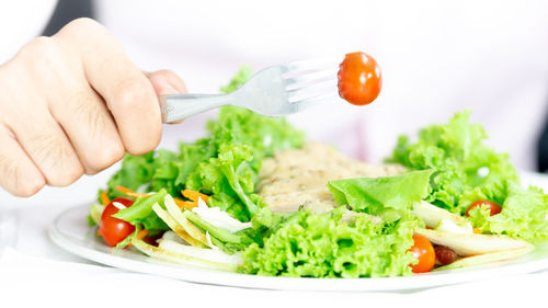 Close-up of hand holding vegetables in plate