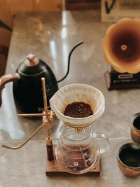 High angle view of coffee cup on table