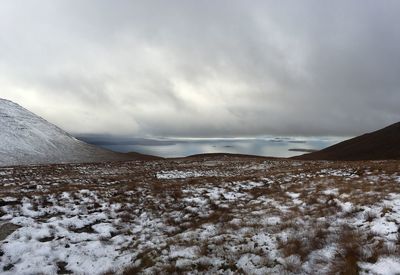 Scenic view of snow covered mountains against sky