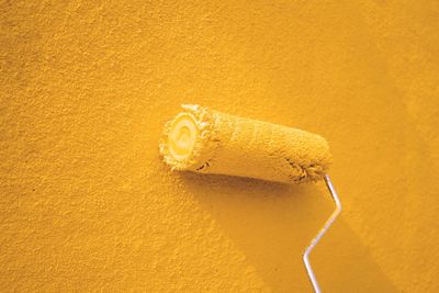 Close-up of dragon over yellow background