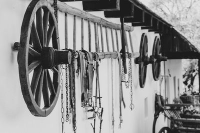 Close-up of old tools on the wall