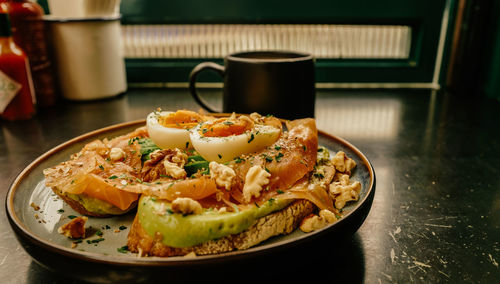 Close-up of food served on table