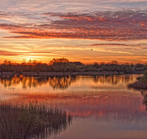 Scenic view of lake against sky during sunset