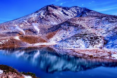 Scenic view of lake by snowcapped mountain against blue sky