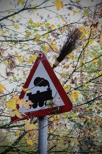 Low angle view of sign on tree