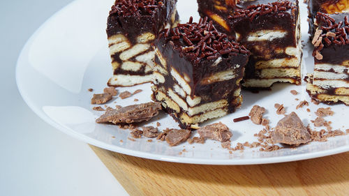 High angle view of cake in plate on table