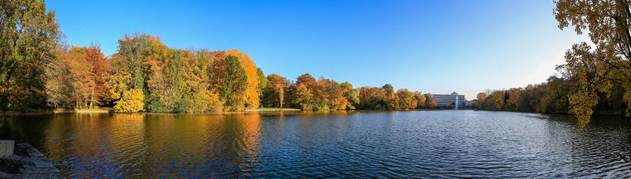 Scenic view of lake against clear sky at sunset