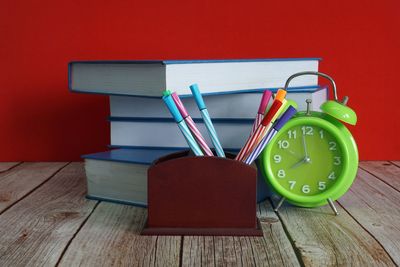 High angle view of books on table