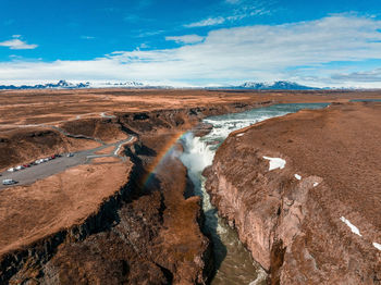 Panoramic aerial view of popular tourist destination - gullfoss waterfall.