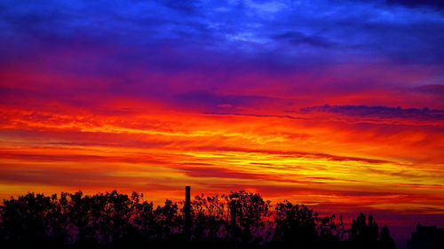 Low angle view of silhouette trees against dramatic sky