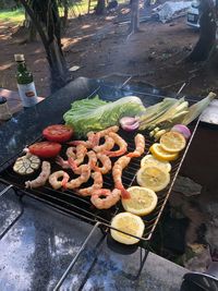 High angle view of vegetables on barbecue grill