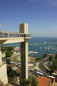 High angle view of city by buildings against clear sky