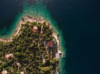 High angle view of trees and buildings by sea