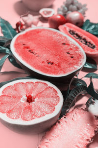 High angle view of strawberries in plate on table