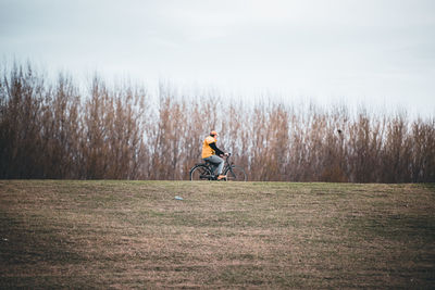 Man riding horse on field against sky