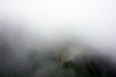 Scenic view of mountains in foggy weather