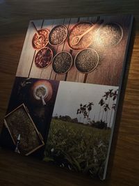 High angle view of open book on table